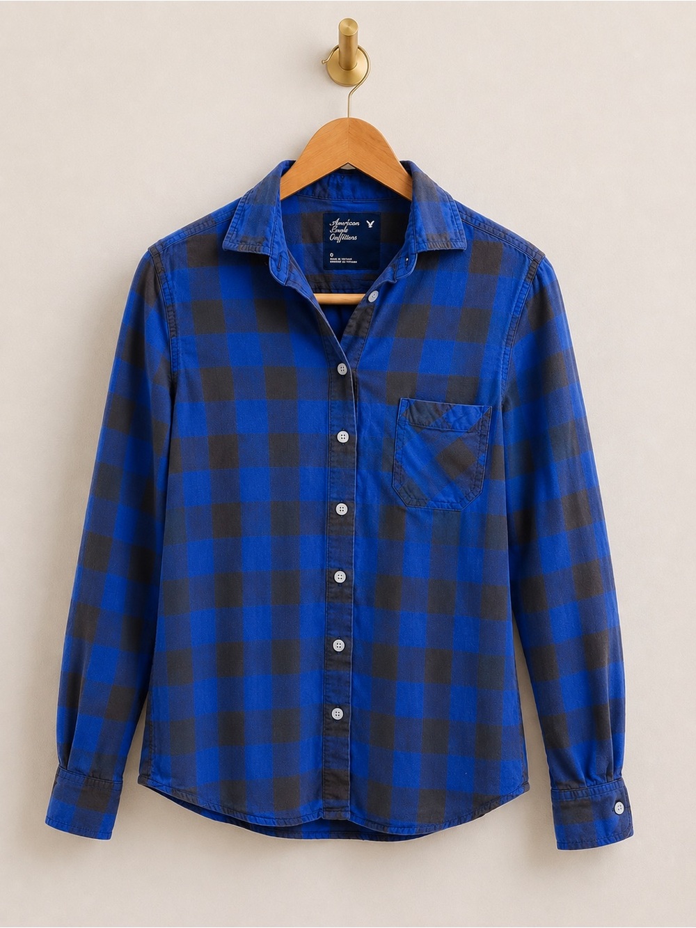 American Eagle Women’s Buffalo Plaid Button Front Shirt Size 0 Blue & Black